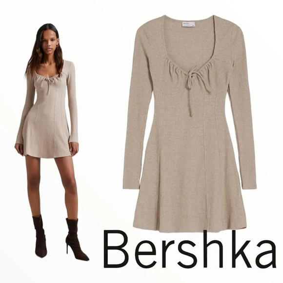 BERSHKA | Camel | Ribbed corset-effect mini dress - Picture 1 of 11